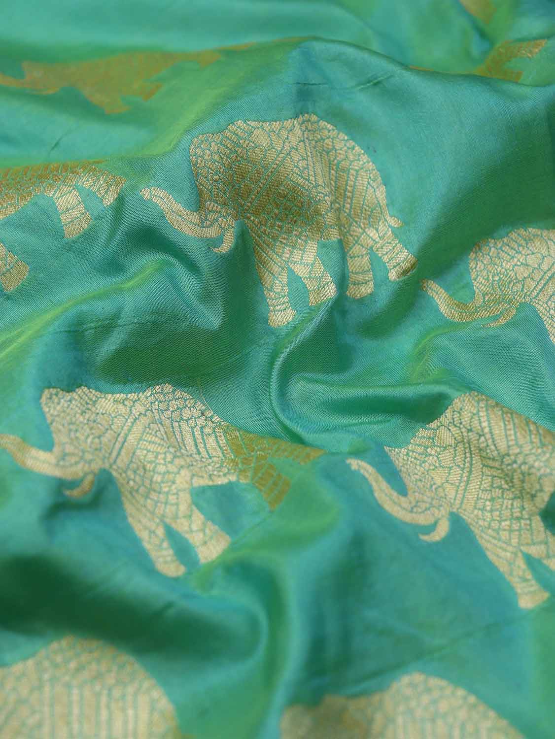 Green Handloom Banarasi Pure Katan Silk Elephant Design Fabric (1 Mtr) - Luxurion World