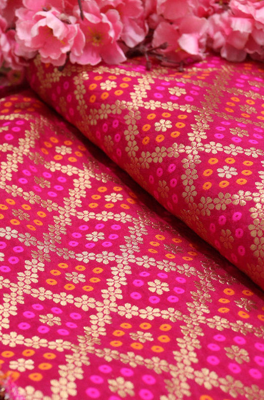 Pink Banarasi Meenakari Bandhani Design Silk Fabric ( 1 Mtr ) - Luxurion World