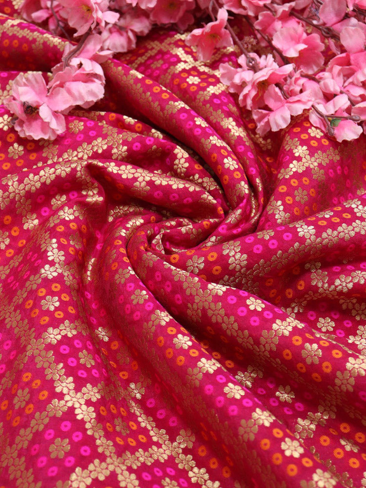 Pink Banarasi Meenakari Bandhani Design Silk Fabric ( 1 Mtr ) - Luxurion World