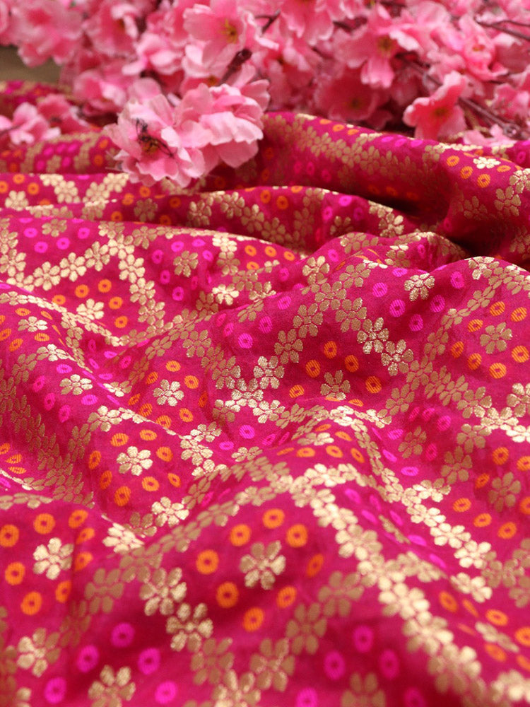 Pink Banarasi Meenakari Bandhani Design Silk Fabric ( 1 Mtr ) - Luxurion World