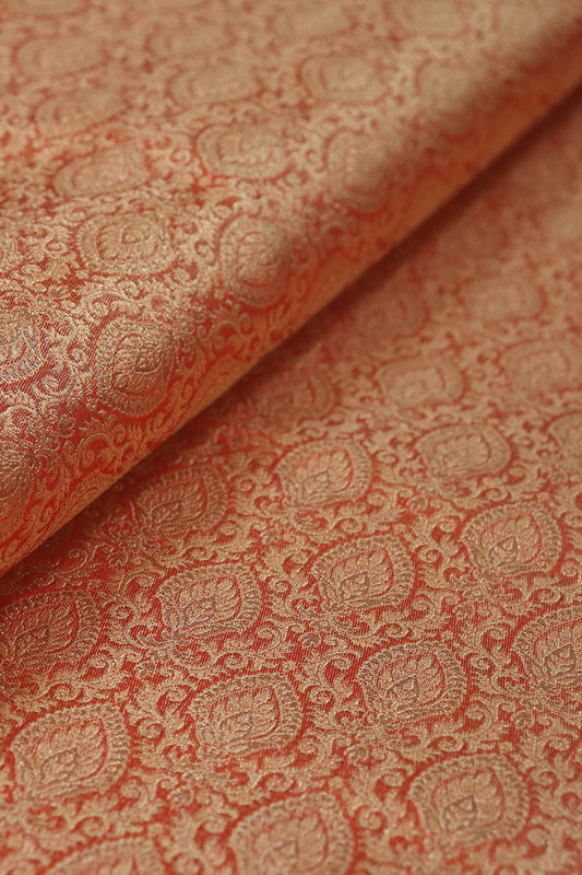 Reddish Orange Banarasi Brocade Silk Fabric ( 1 Mtr ) - Luxurion World