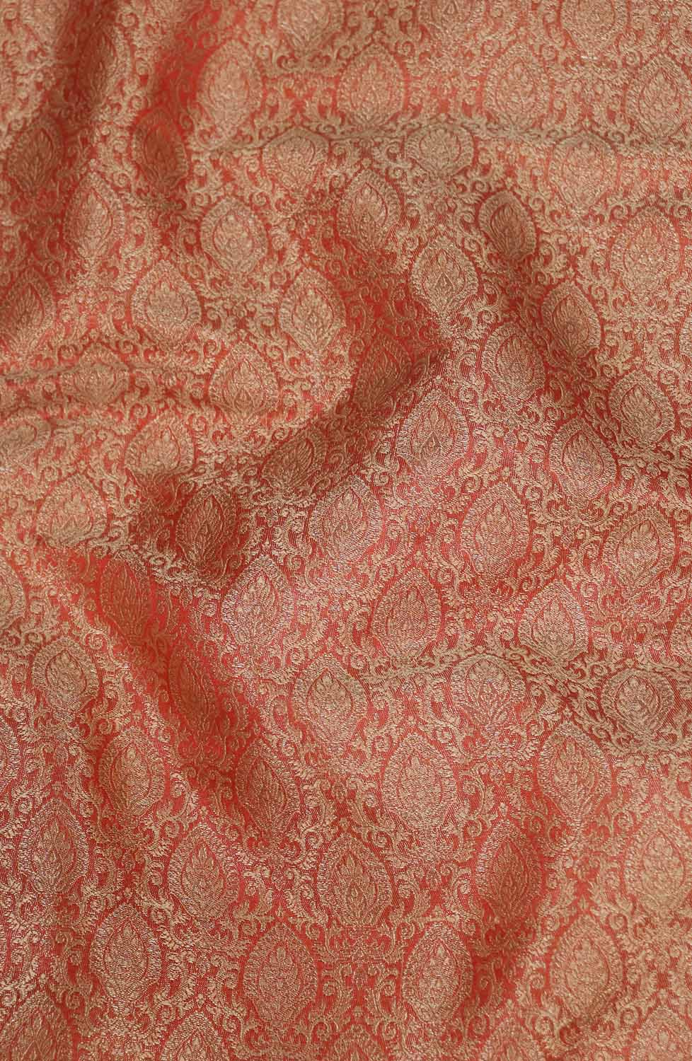 Reddish Orange Banarasi Brocade Silk Fabric ( 1 Mtr ) - Luxurion World