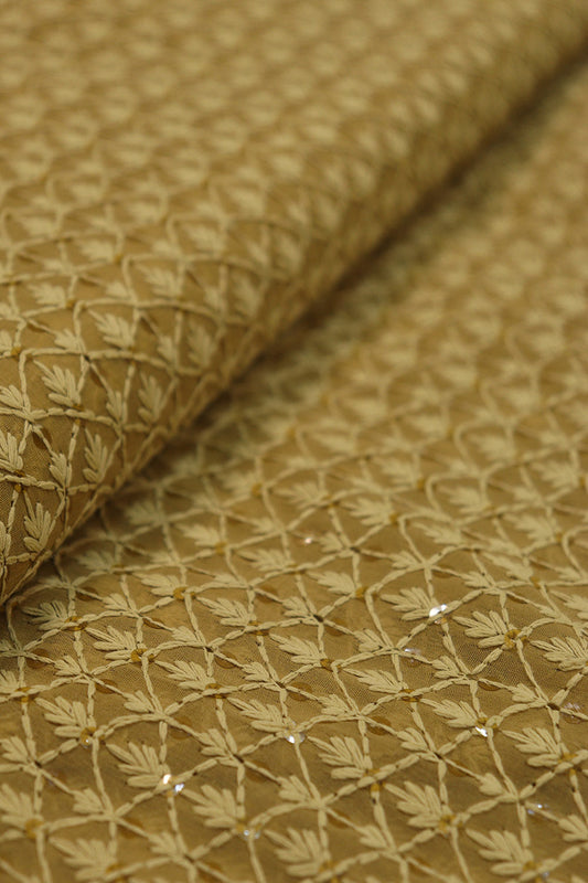 Stunning Ochre Chikankari Georgette Fabric with Sequins (1 Mtr) - Luxurion World