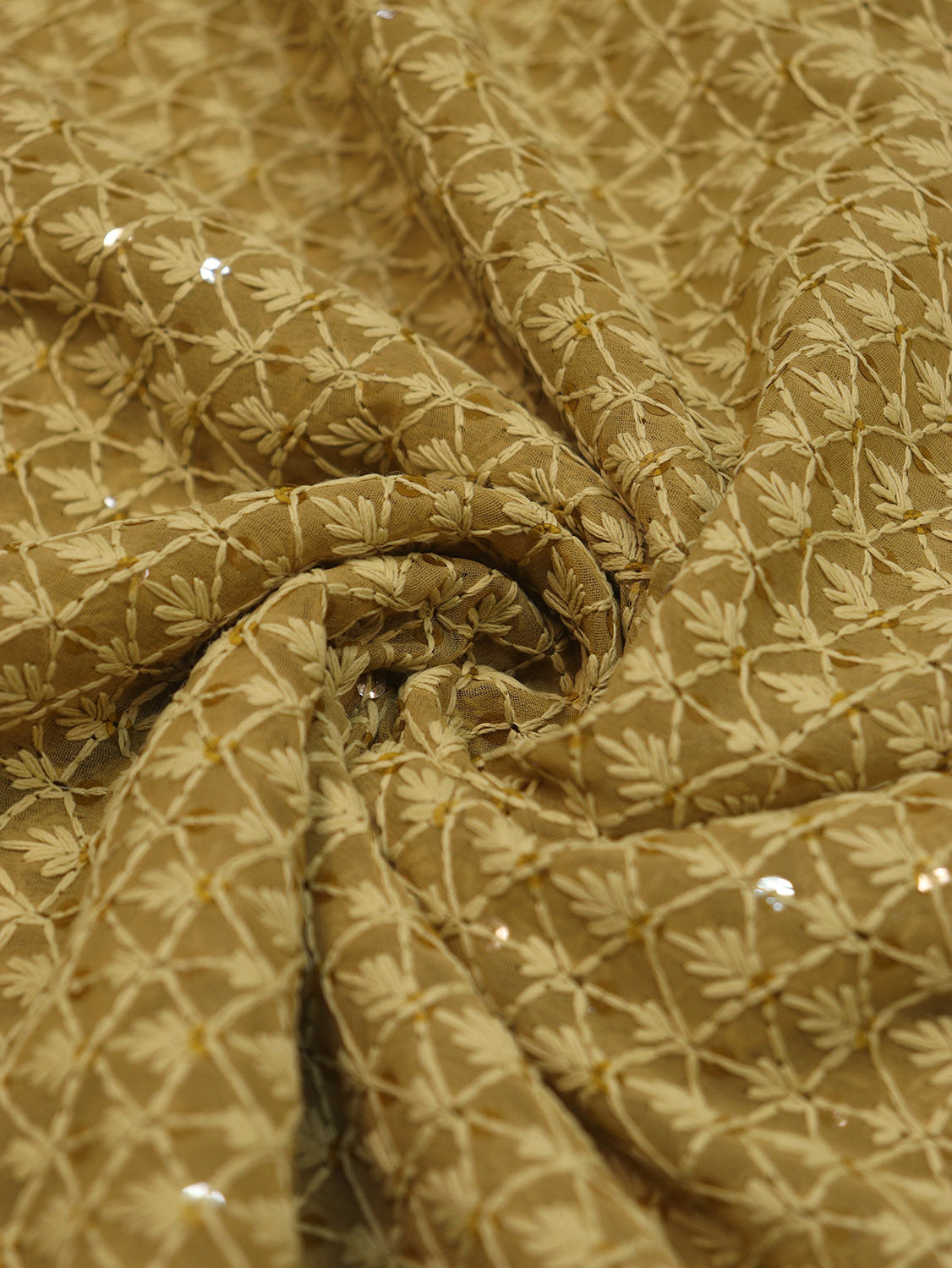 Stunning Ochre Chikankari Georgette Fabric with Sequins (1 Mtr) - Luxurion World