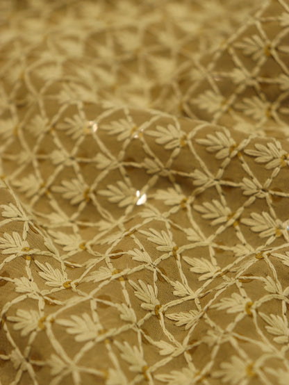 Stunning Ochre Chikankari Georgette Fabric with Sequins (1 Mtr) - Luxurion World