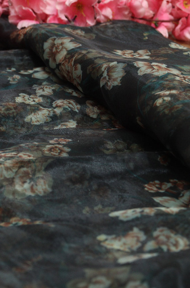 Black Digital Printed Organza Silk Floral Design Fabric ( 1 Mtr ) - Luxurion World
