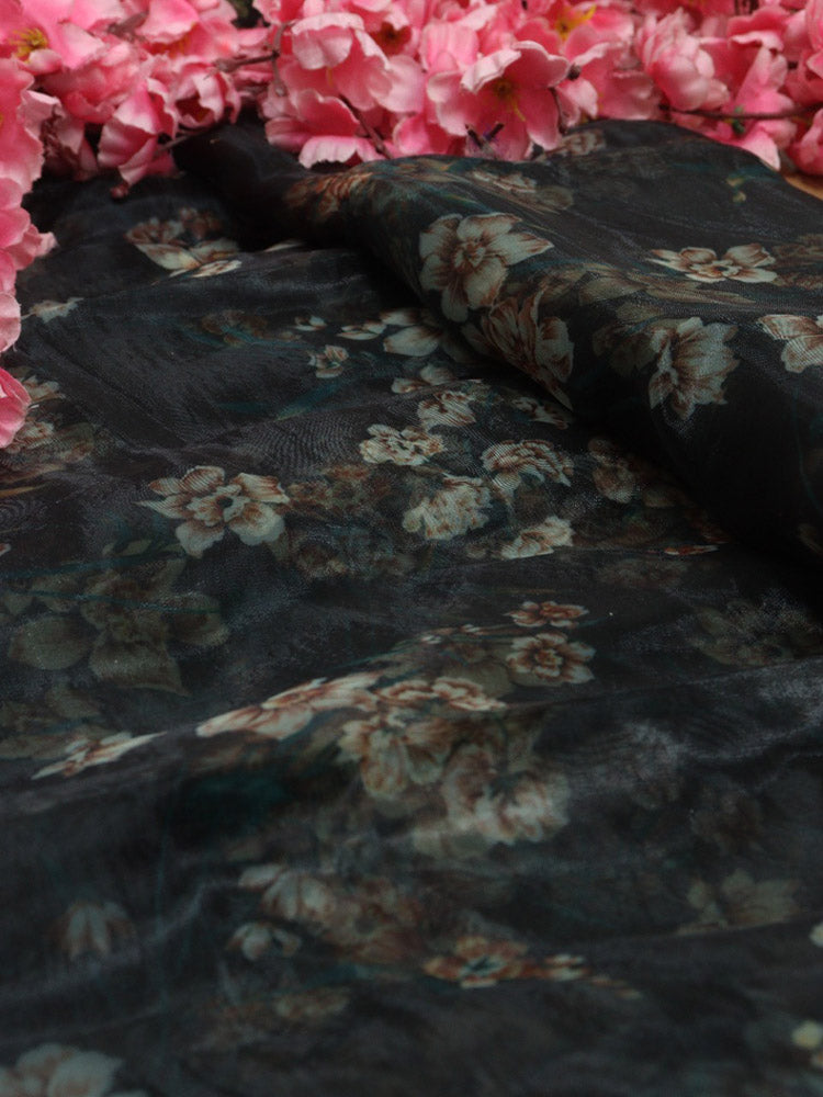 Black Digital Printed Organza Silk Floral Design Fabric ( 1 Mtr ) - Luxurion World
