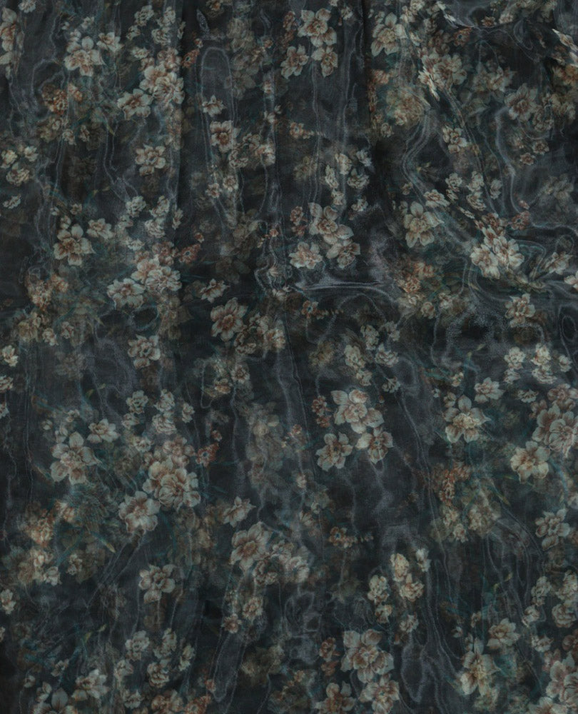 Black Digital Printed Organza Silk Floral Design Fabric ( 1 Mtr ) - Luxurion World