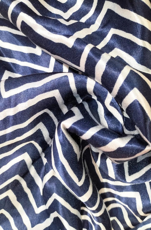 Blue Digital Printed Gajji Silk Zig Zag Design Fabric ( 1 Mtr ) - Luxurion World