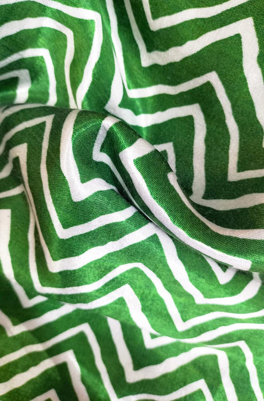 Green Digital Printed Gajji Silk Zig Zag Design Fabric ( 1 Mtr ) - Luxurion World