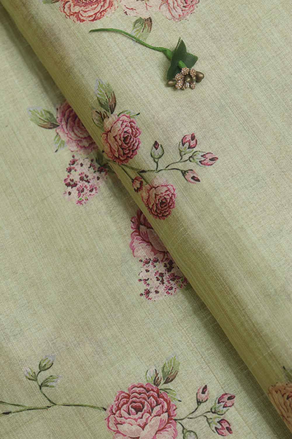 Green Digital Printed Tussar Silk Fabric ( 1 Mtr ) - Luxurion World
