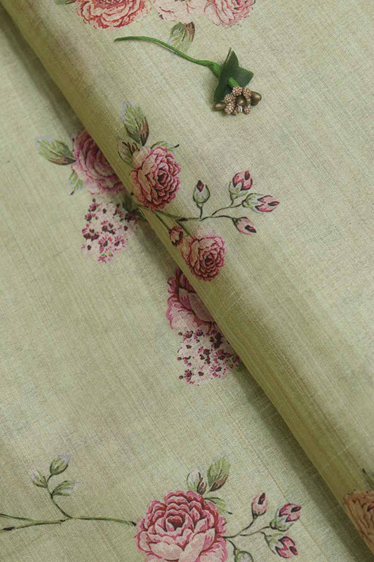 Green Digital Printed Tussar Silk Fabric ( 1 Mtr ) - Luxurion World