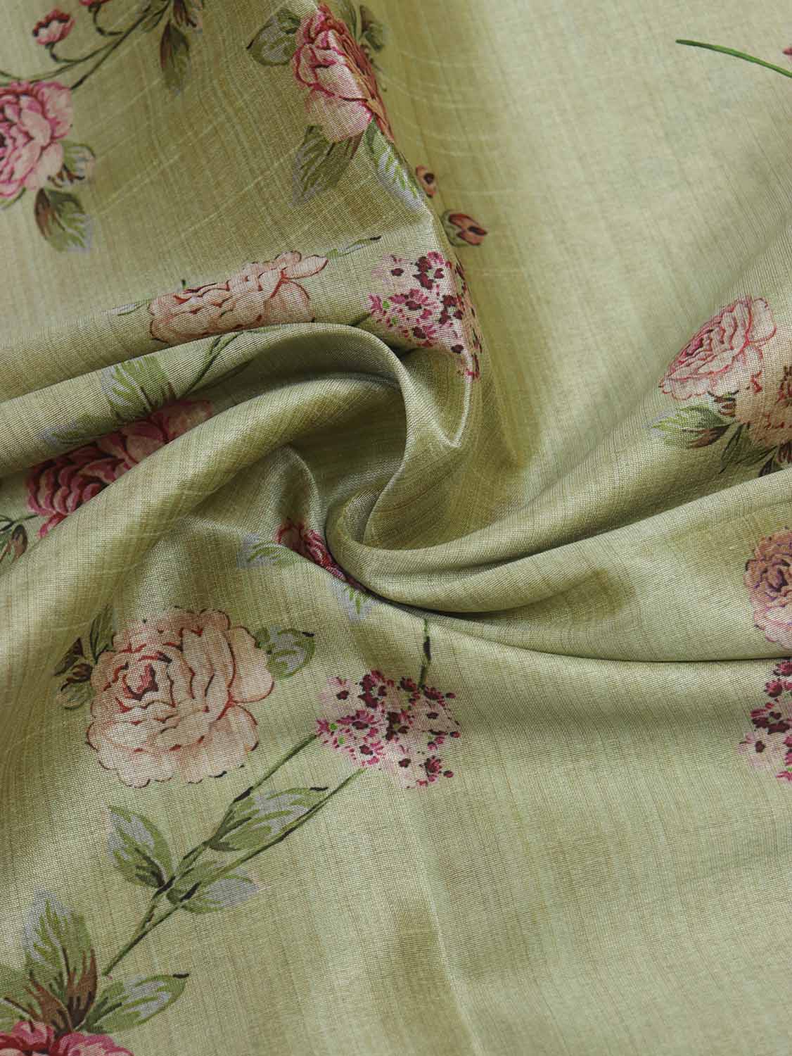 Green Digital Printed Tussar Silk Fabric ( 1 Mtr ) - Luxurion World