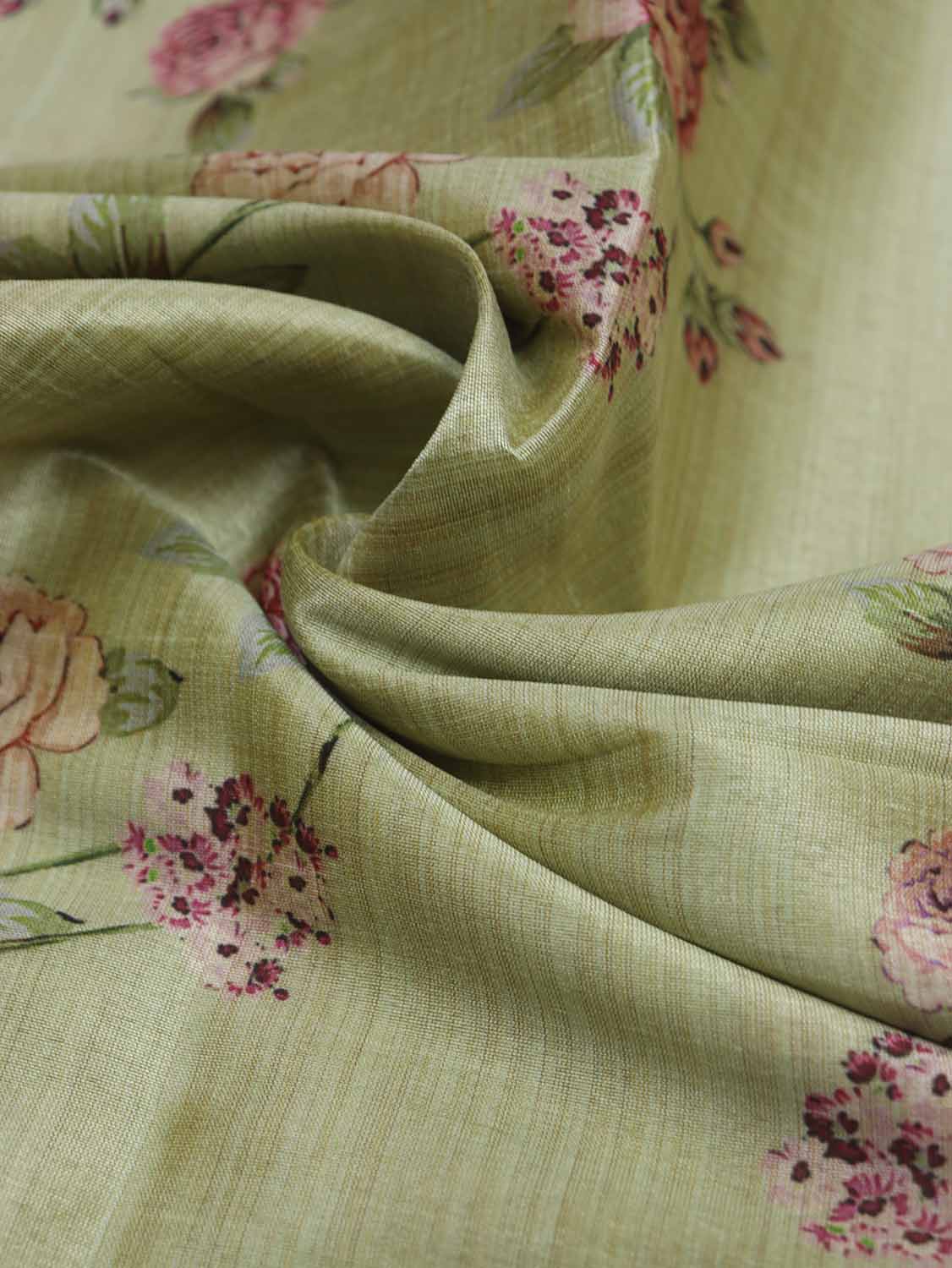 Green Digital Printed Tussar Silk Fabric ( 1 Mtr ) - Luxurion World