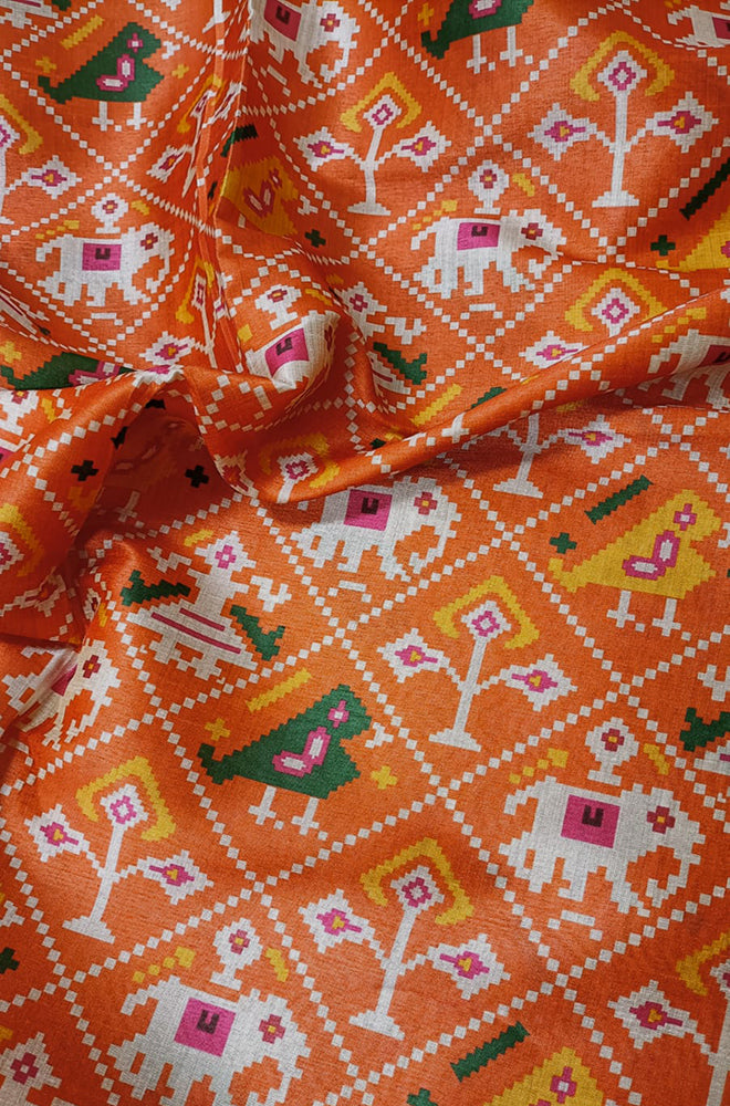 Orange Digital Printed Patola Tussar Silk Fabric (1 Mtr)