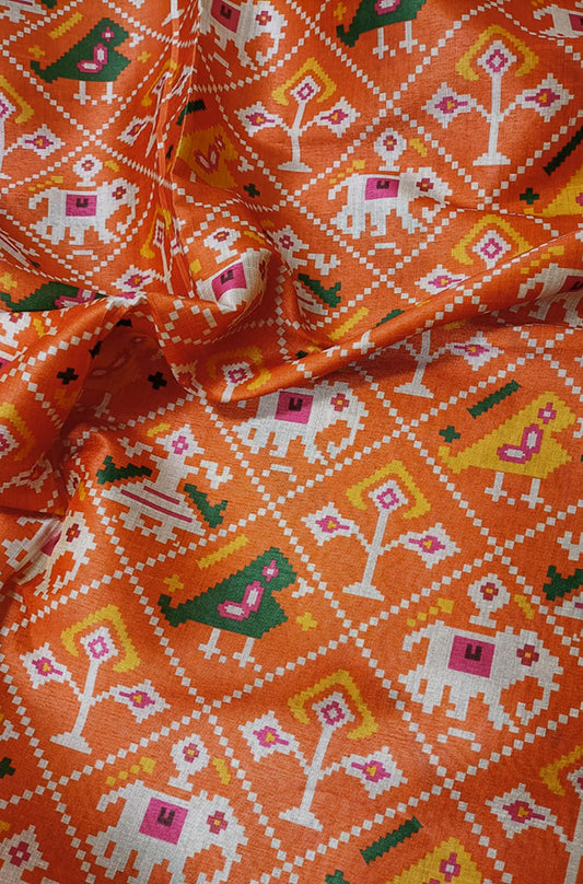 Orange Patola Tussar Silk Fabric - Digital Print (1 Mtr) - Luxurion World