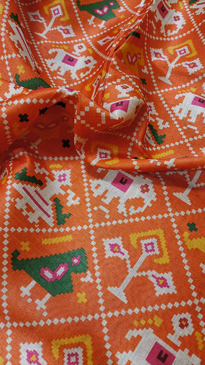 Orange Digital Printed Patola Tussar Silk Fabric (1 Mtr)