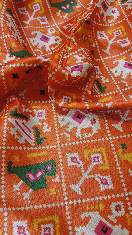Orange Patola Tussar Silk Fabric - Digital Print (1 Mtr) - Luxurion World