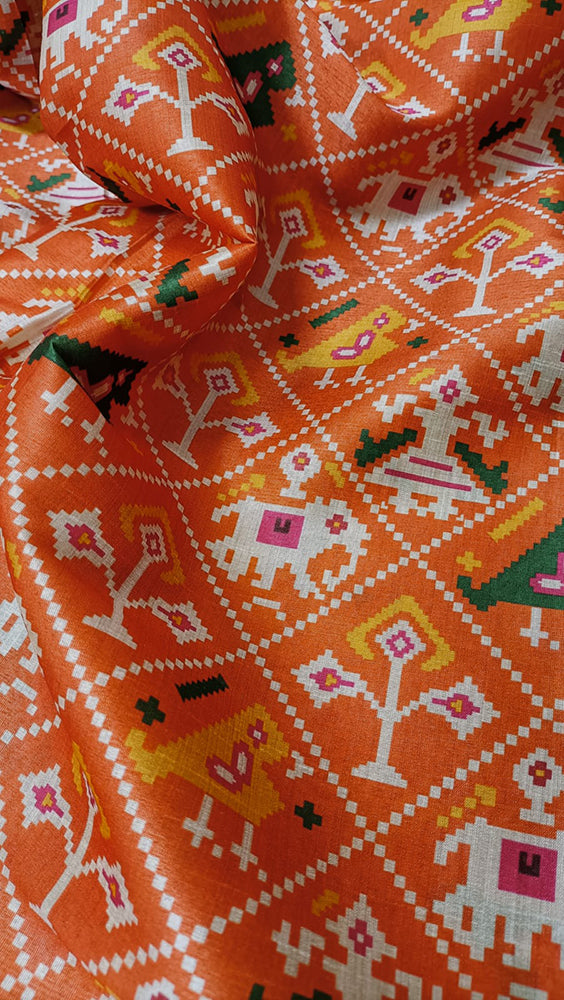 Orange Patola Tussar Silk Fabric - Digital Print (1 Mtr) - Luxurion World