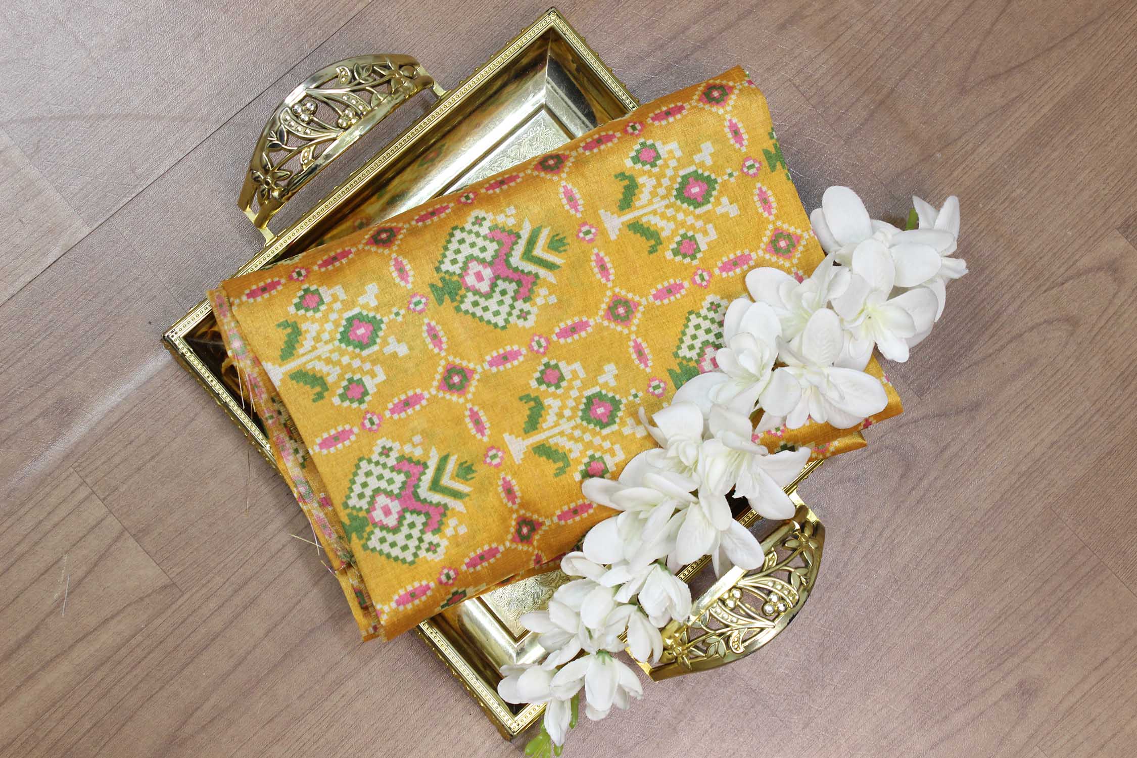 Yellow Digital Printed Tussar Silk Patola Design Fabric ( 1 Mtr ) - Luxurion World