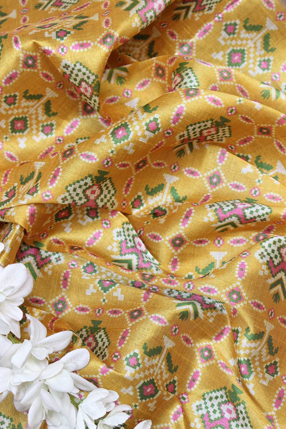 Yellow Digital Printed Tussar Silk Patola Design Fabric ( 1 Mtr ) - Luxurion World