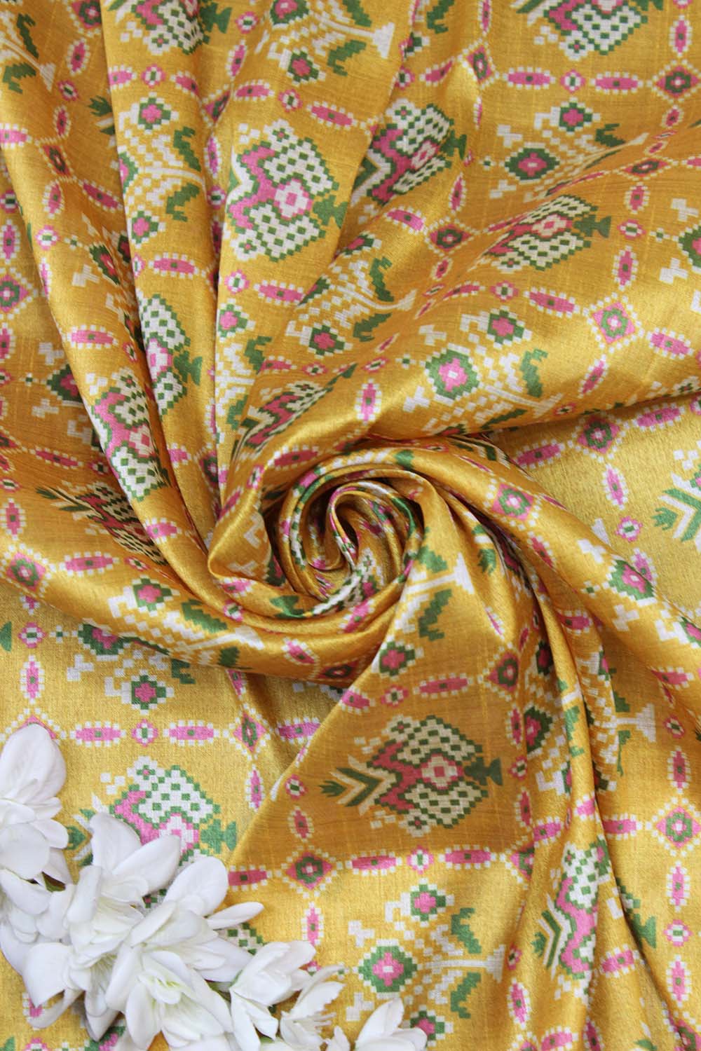 Yellow Digital Printed Tussar Silk Patola Design Fabric ( 1 Mtr ) - Luxurion World