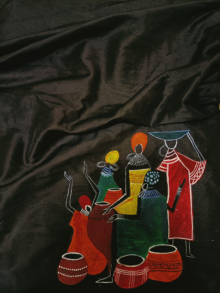Black Hand Painted Cotton Silk Blouse Fabric (1 Mtr) - Luxurion World