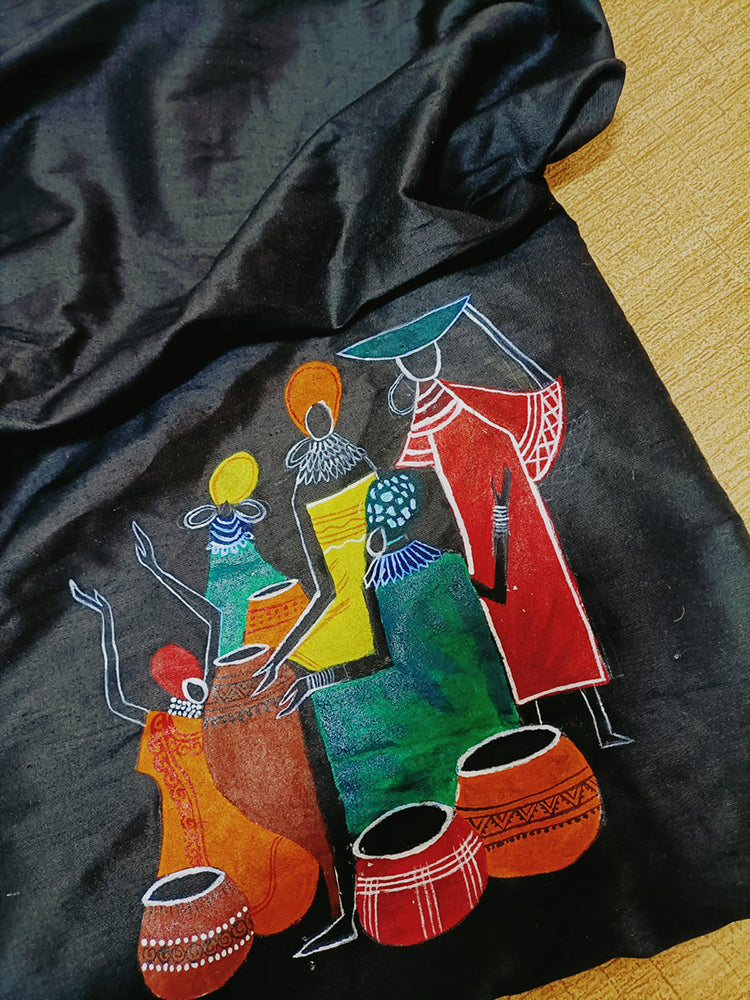 Black Hand Painted Cotton Silk Blouse Fabric (1 Mtr) - Luxurion World