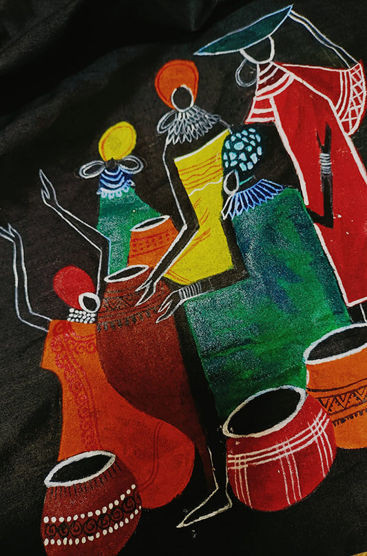 Black Hand Painted Cotton Silk Blouse Fabric (1 Mtr) - Luxurion World