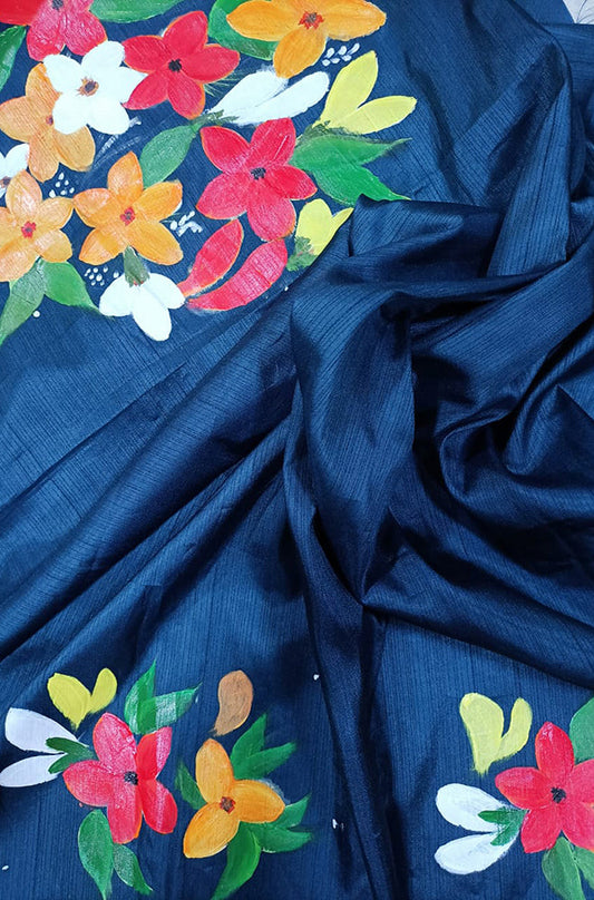 Blue Hand Painted Silk Blouse Fabric (1 Mtr) - Luxurion World