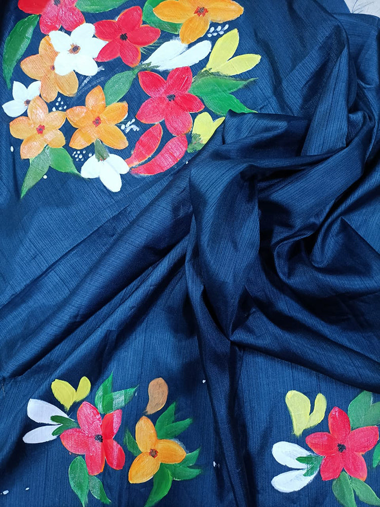 Blue Hand Painted Silk Blouse Fabric (1 Mtr) - Luxurion World