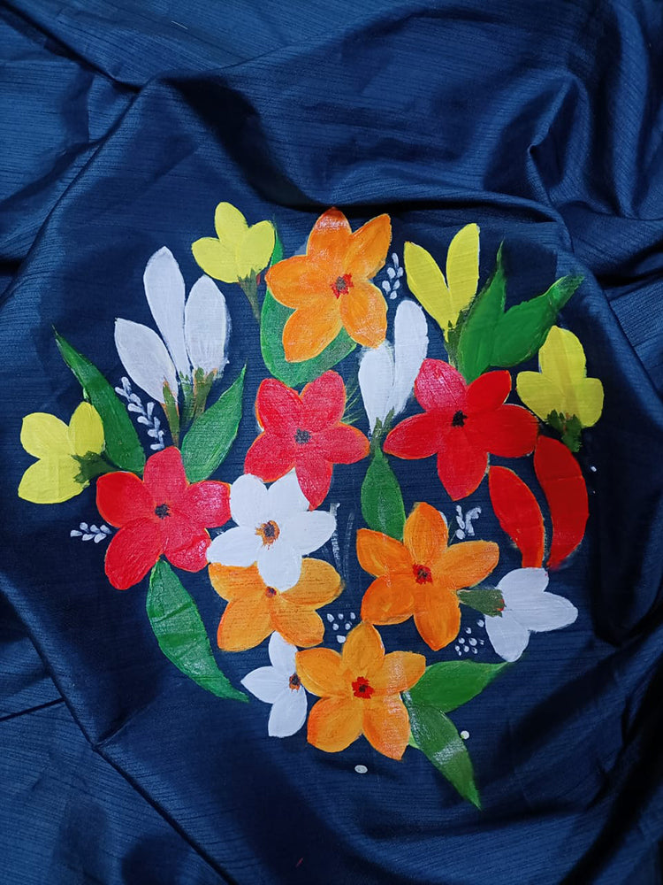 Blue Hand Painted Silk Blouse Fabric (1 Mtr) - Luxurion World