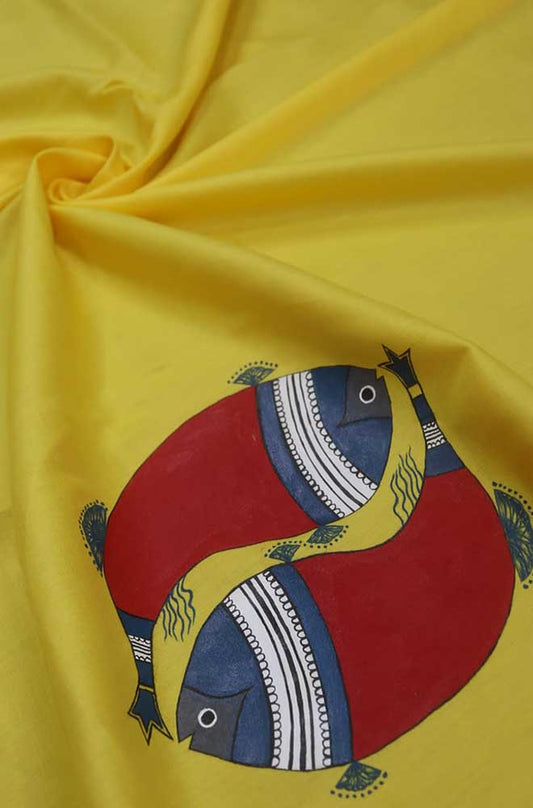 Yellow Hand Painted Cotton Satin Fish Design Blouse Fabric (1 Mtr) - Luxurion World