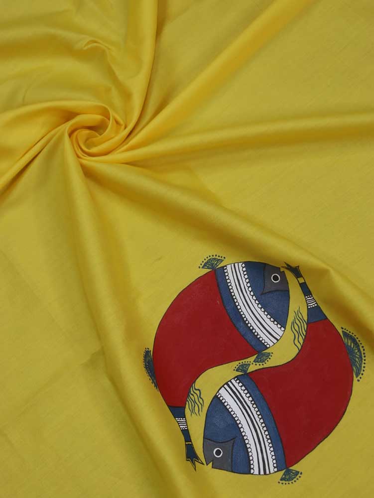 Yellow Hand Painted Cotton Satin Fish Design Blouse Fabric (1 Mtr) - Luxurion World