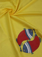 Yellow Hand Painted Cotton Satin Fish Design Blouse Fabric (1 Mtr) - Luxurion World