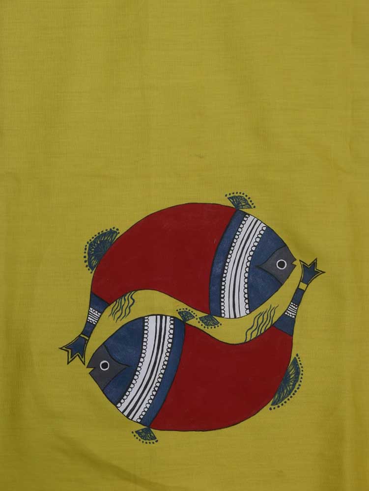 Yellow Hand Painted Cotton Satin Fish Design Blouse Fabric (1 Mtr) - Luxurion World