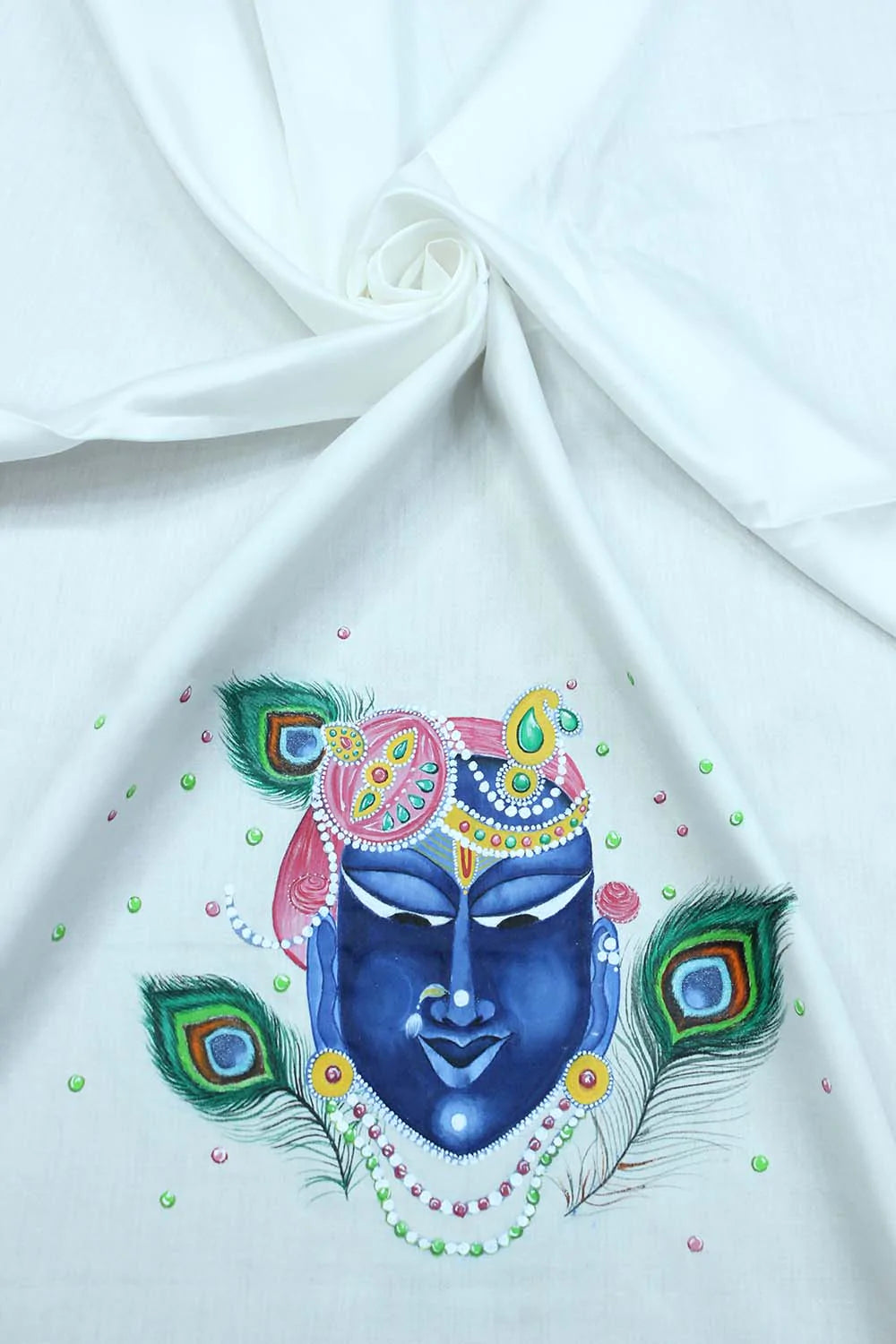 Off White Hand Painted Cotton Satin Idol Face Blouse Fabric ( 1 Mtr ) - Luxurion World
