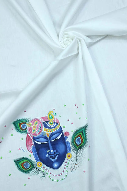 Off White Hand Painted Cotton Satin Idol Face Blouse Fabric ( 1 Mtr )