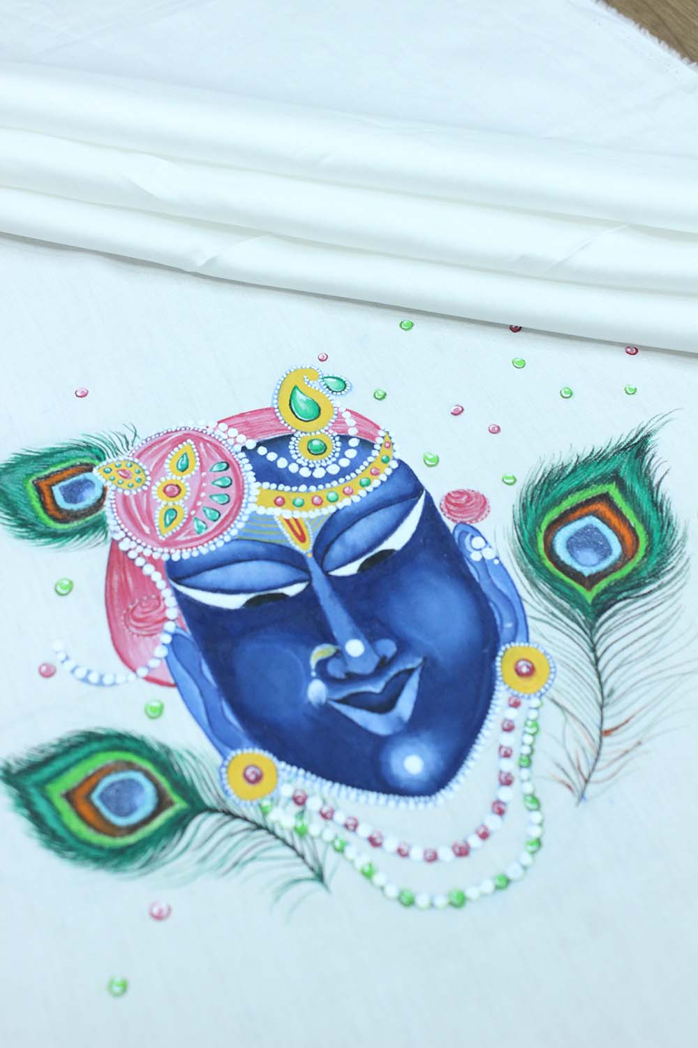 Off White Hand Painted Cotton Satin Idol Face Blouse Fabric ( 1 Mtr ) - Luxurion World