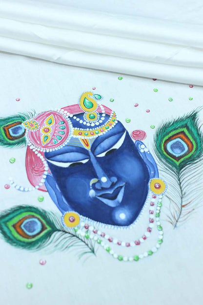 Off White Hand Painted Cotton Satin Idol Face Blouse Fabric ( 1 Mtr ) - Luxurion World