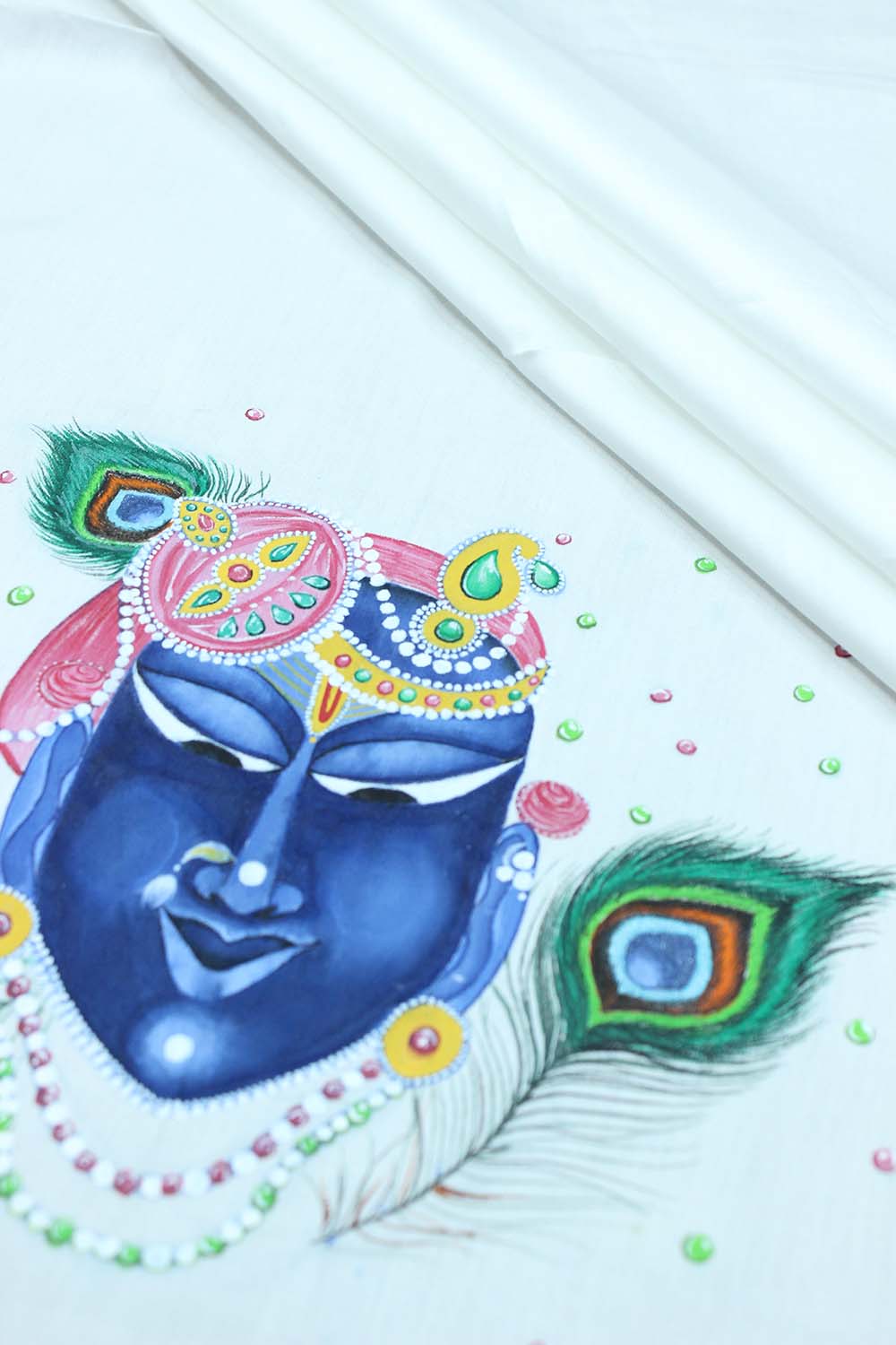 Off White Hand Painted Cotton Satin Idol Face Blouse Fabric ( 1 Mtr ) - Luxurion World
