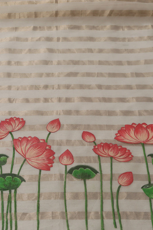 Dyeable Hand Painted Chanderi Silk Flower Design Blouse Fabric ( 1 Mtr ) - Luxurion World