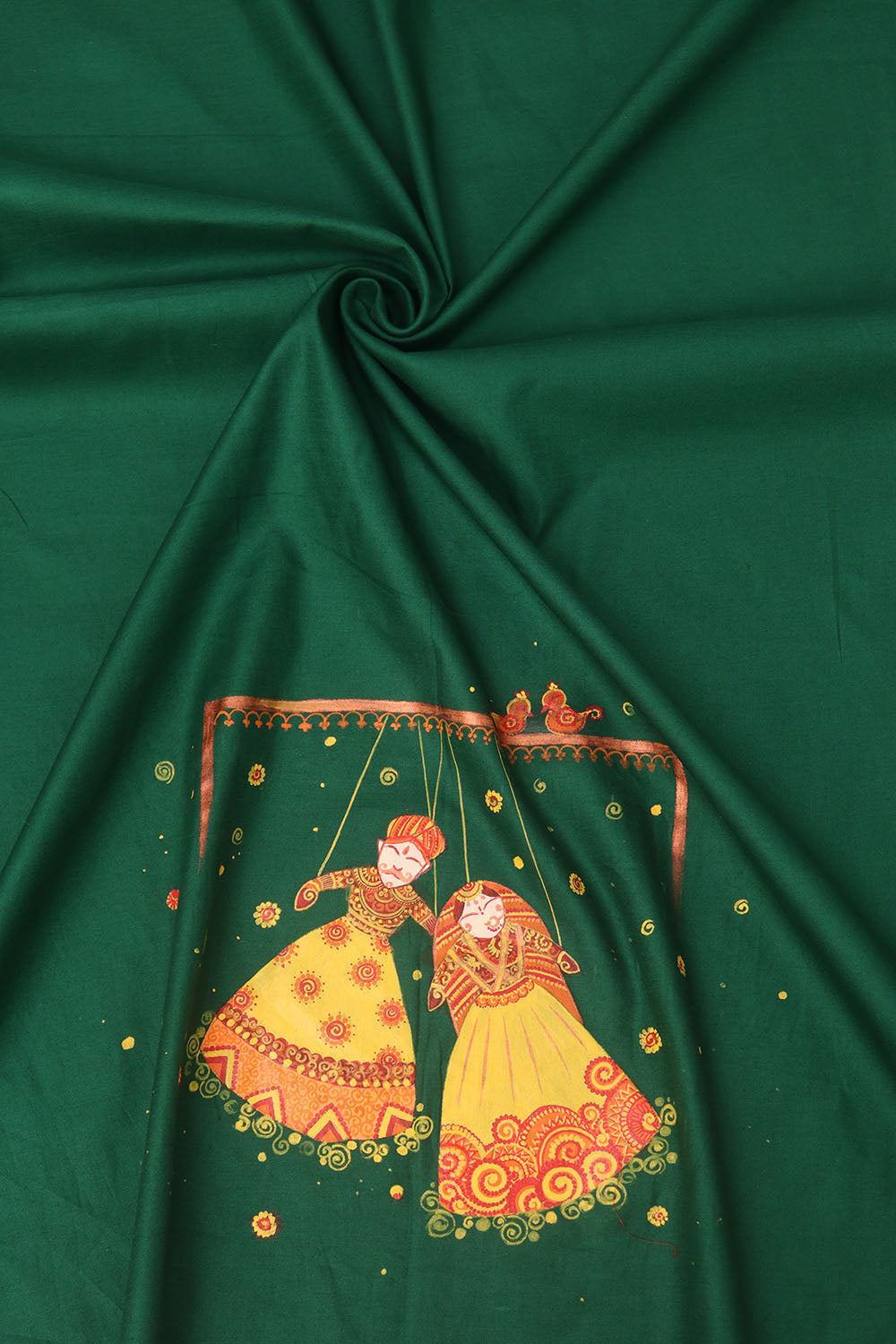 Green Hand Painted Cotton Satin Blouse Fabric ( 1 Mtr ) - Luxurion World