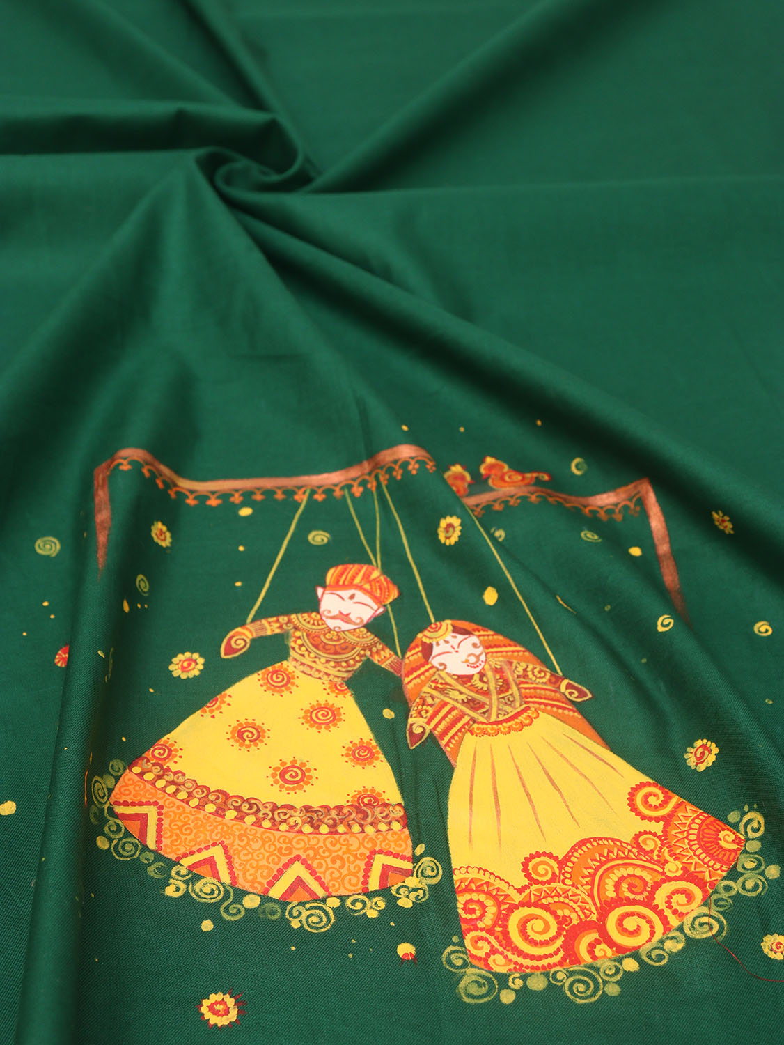 Green Hand Painted Cotton Satin Blouse Fabric ( 1 Mtr ) - Luxurion World