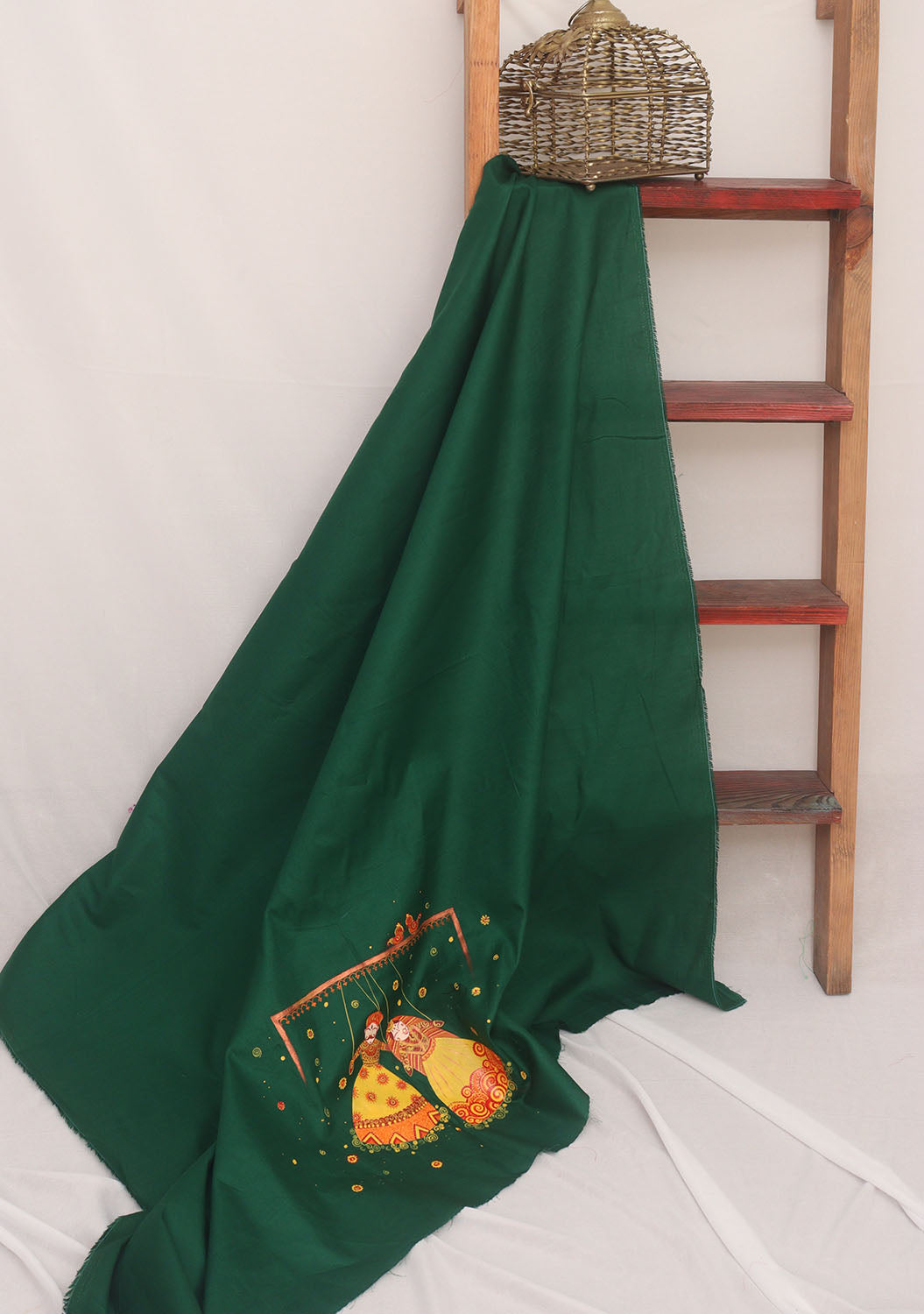 Green Hand Painted Cotton Satin Blouse Fabric ( 1 Mtr ) - Luxurion World