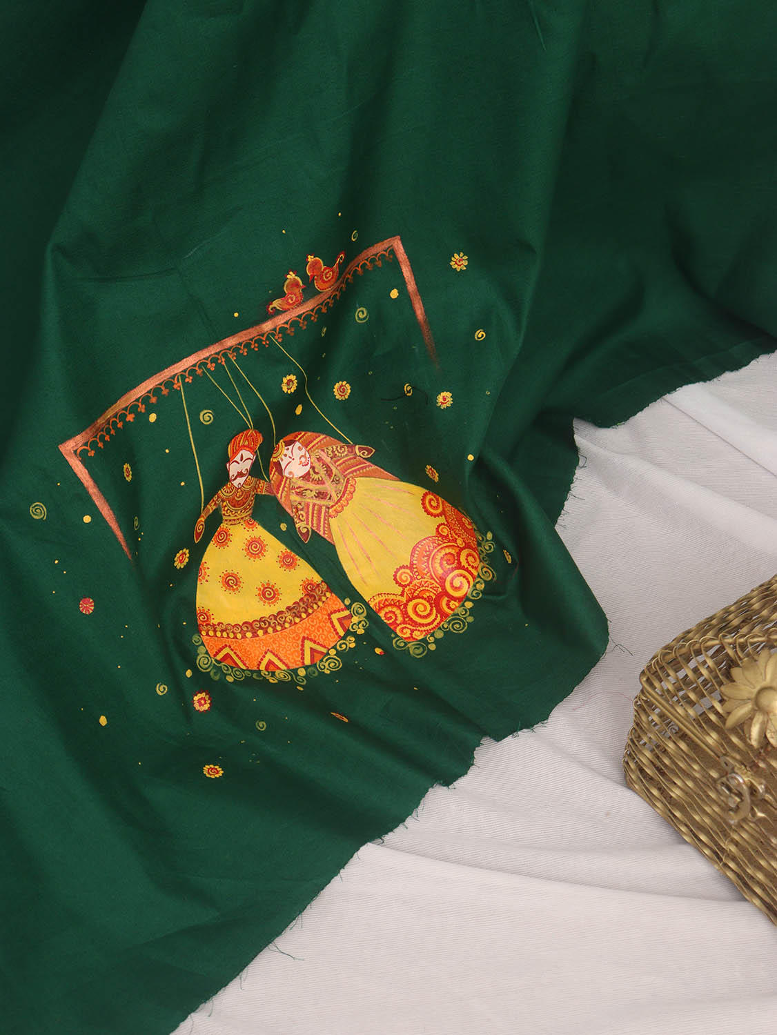 Green Hand Painted Cotton Satin Blouse Fabric ( 1 Mtr ) - Luxurion World