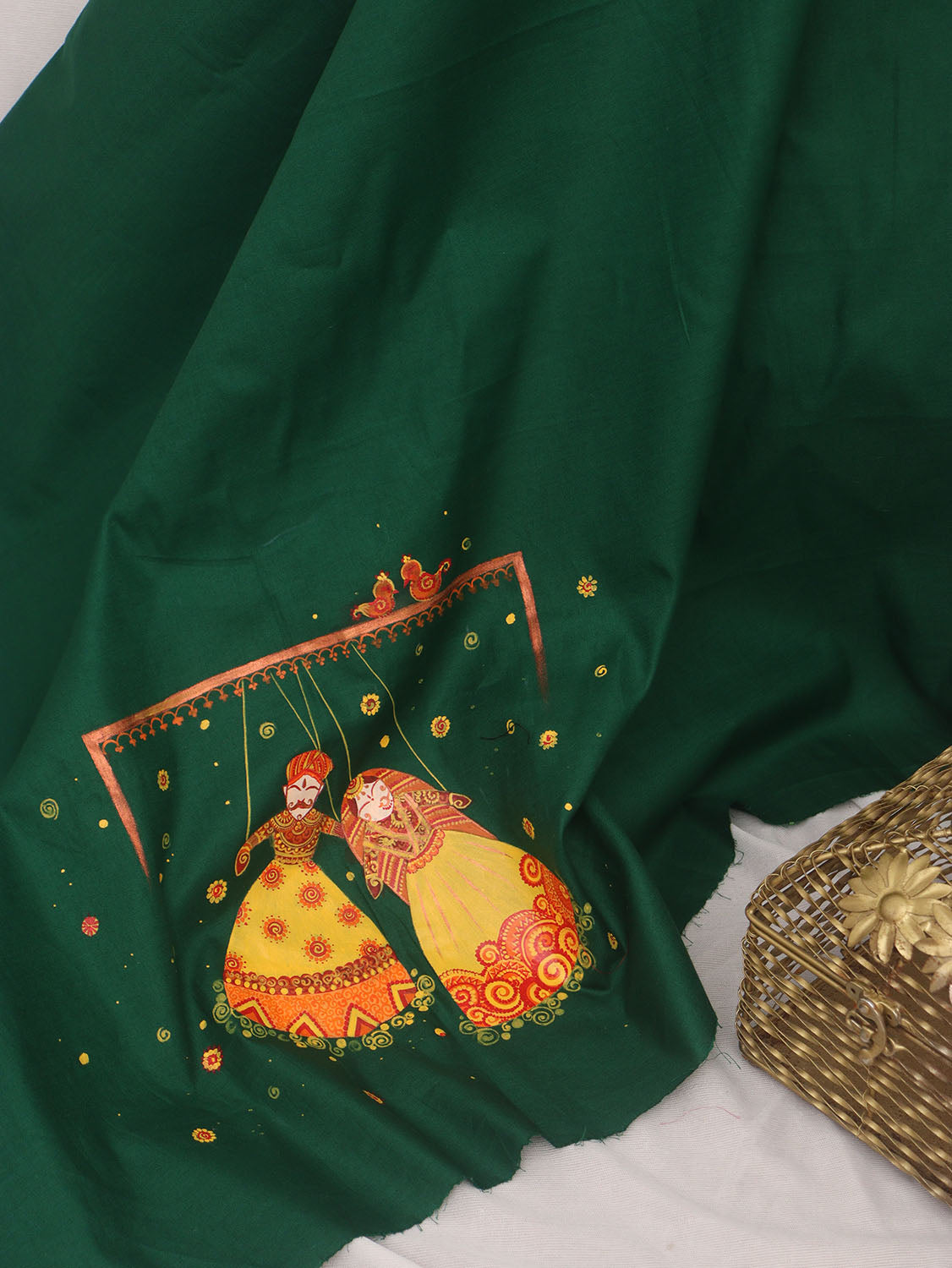 Green Hand Painted Cotton Satin Blouse Fabric ( 1 Mtr ) - Luxurion World