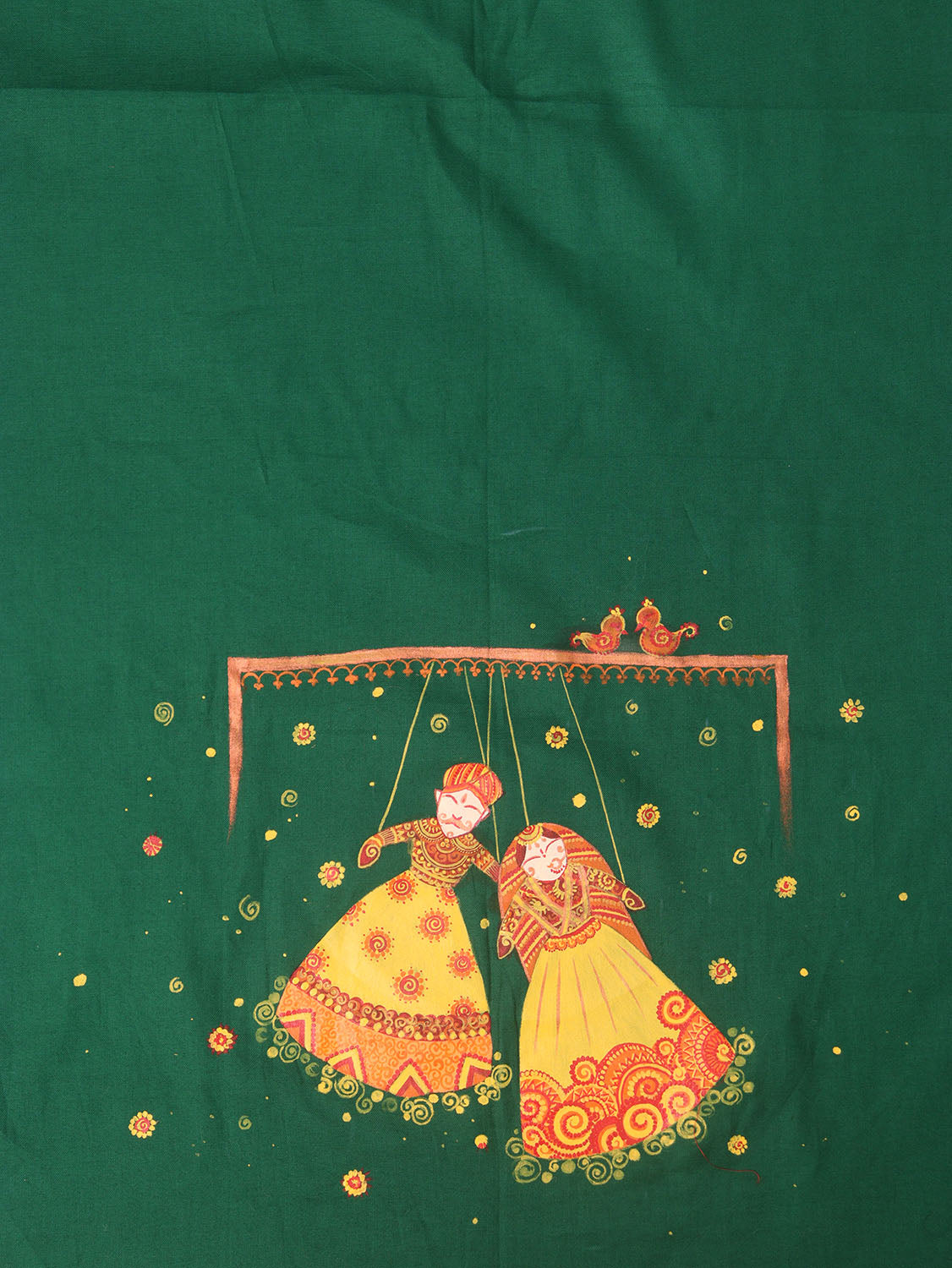 Green Hand Painted Cotton Satin Blouse Fabric ( 1 Mtr ) - Luxurion World