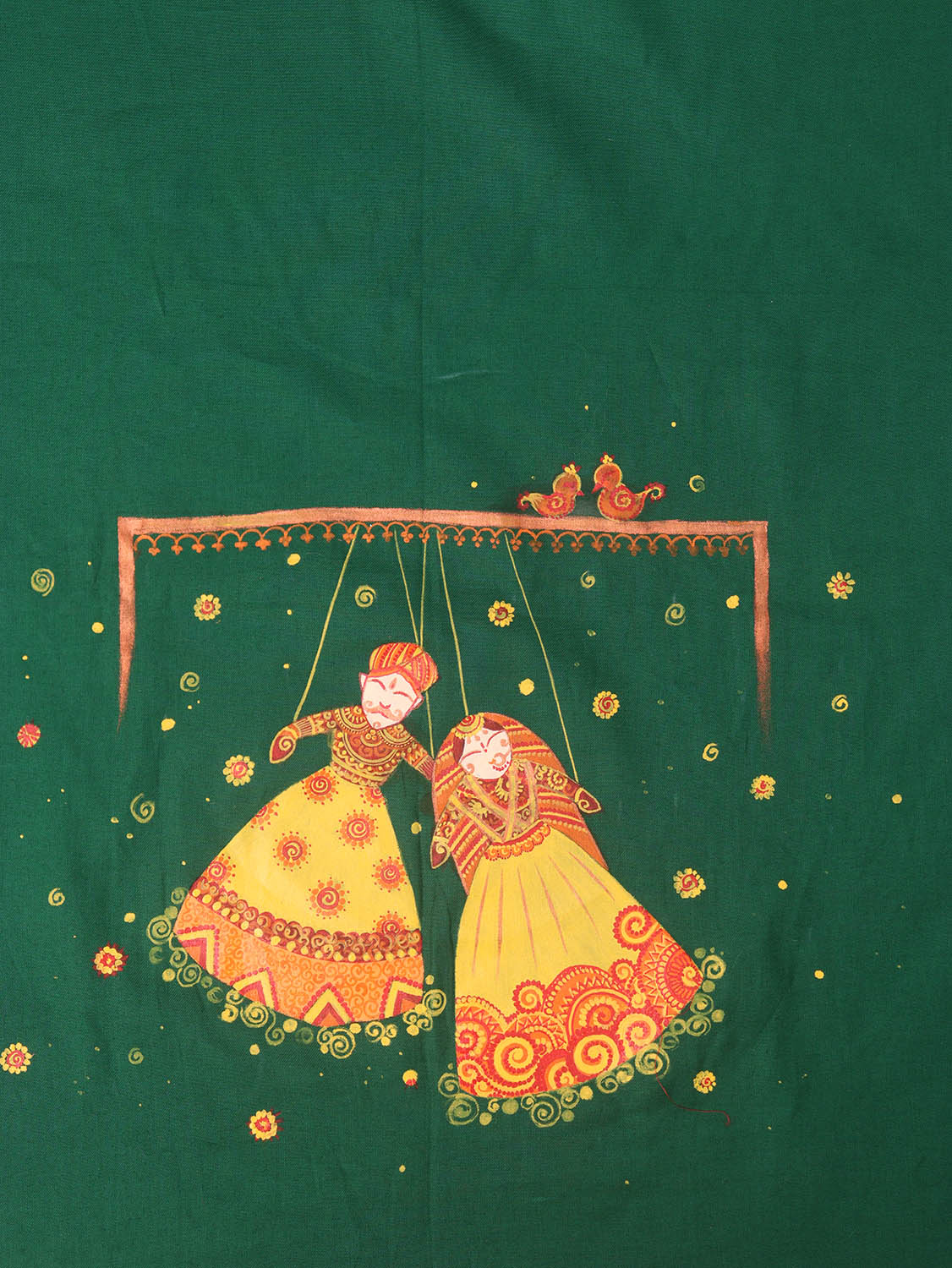 Green Hand Painted Cotton Satin Blouse Fabric ( 1 Mtr )