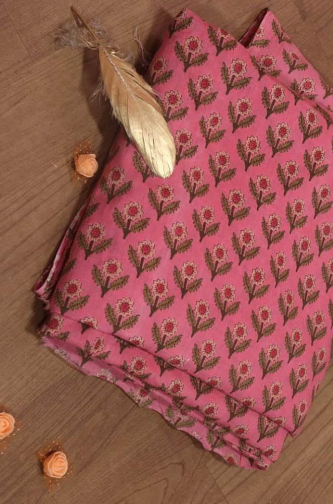 Pink Block Printed Cotton Fabric (1 Mtr) - Luxurion World
